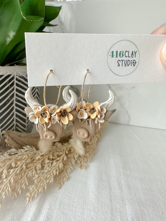 Autumn Highland Cow Hoop Earrings